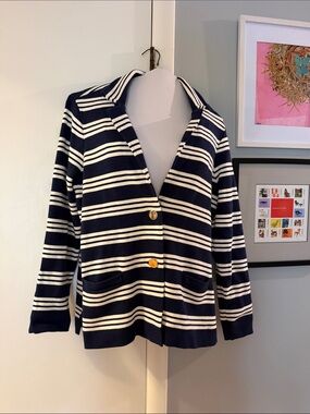 Charter Club Navy and White Striped Knit Blazer